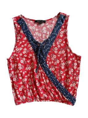 HeartSoul Red Floral Tie-Front Sleeveless Tank with Navy Trim